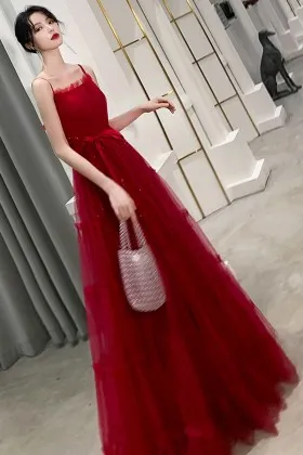 eye catching red beaded tulle a line prom dress