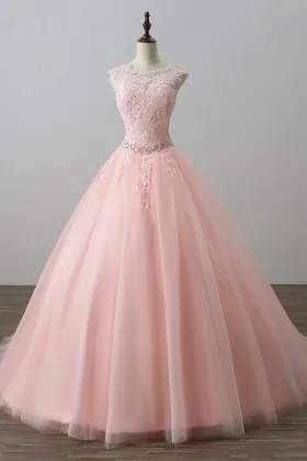 pink beaded lace tulle basque waist prom ballgown