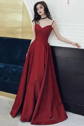 simple dark red satin curved V neck long prom dress