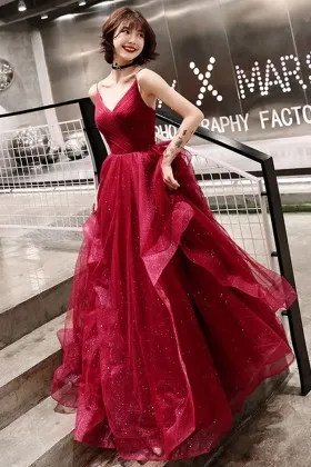 glittering ruffled red glitter tulle puffy prom gown