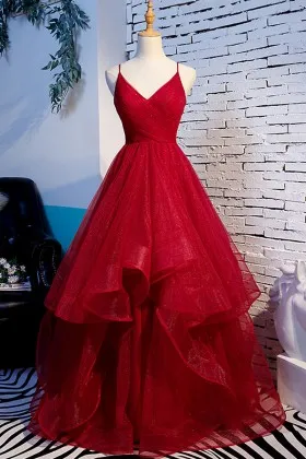 glamorous red glitter tulle flounced long prom gown