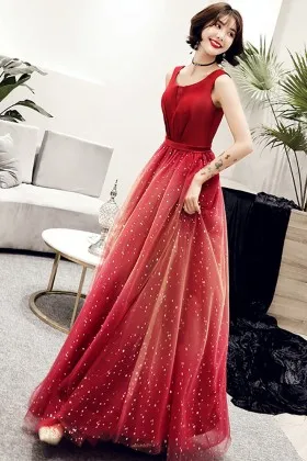 fashion red satin and glitter tulle long prom dress