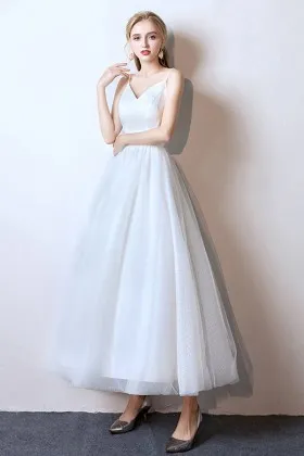 princess white mesh tulle ankle length prom dress