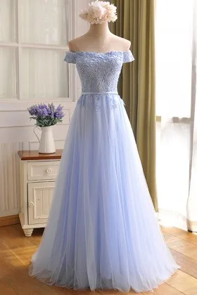 exquisite ice blue lace and tulle a line prom dress