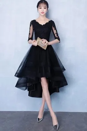 half sleeve black lace tulle high low cocktail gown