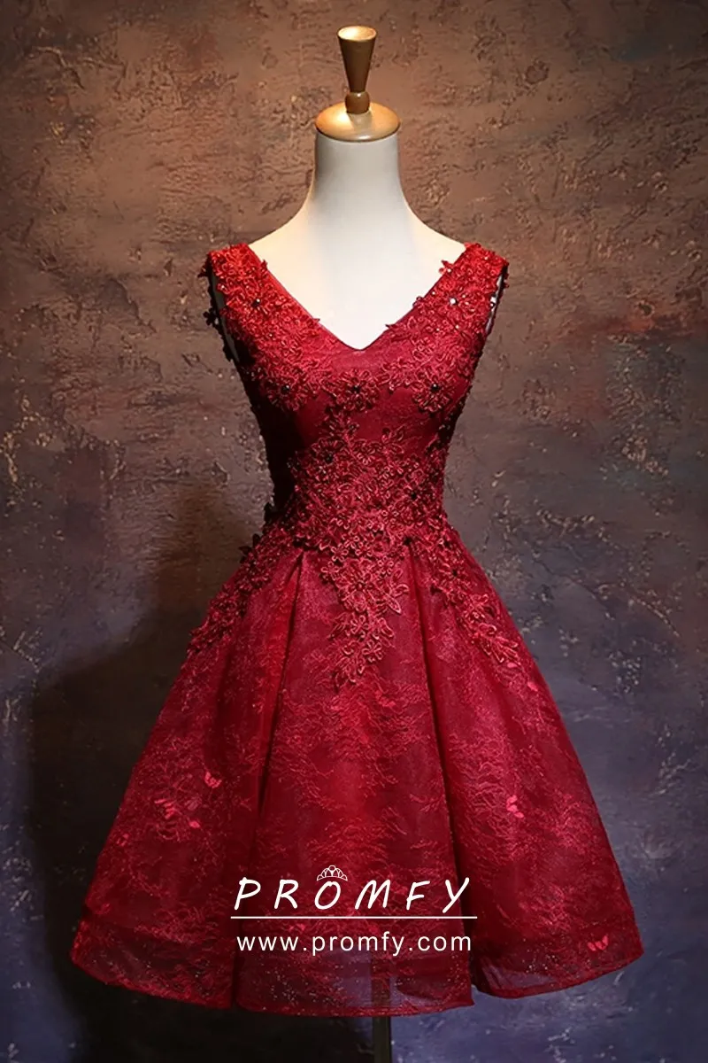 Elaborate Red Lace with Appliques Short Prom Dress Promfy