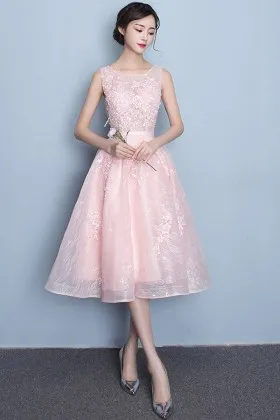 demure blush lace with appliques tea length dress