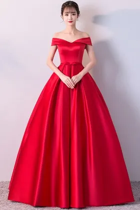 vintage inspired bright red satin prom ball gown
