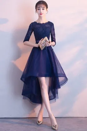 refined navy blue lace tulle high low cocktail gown