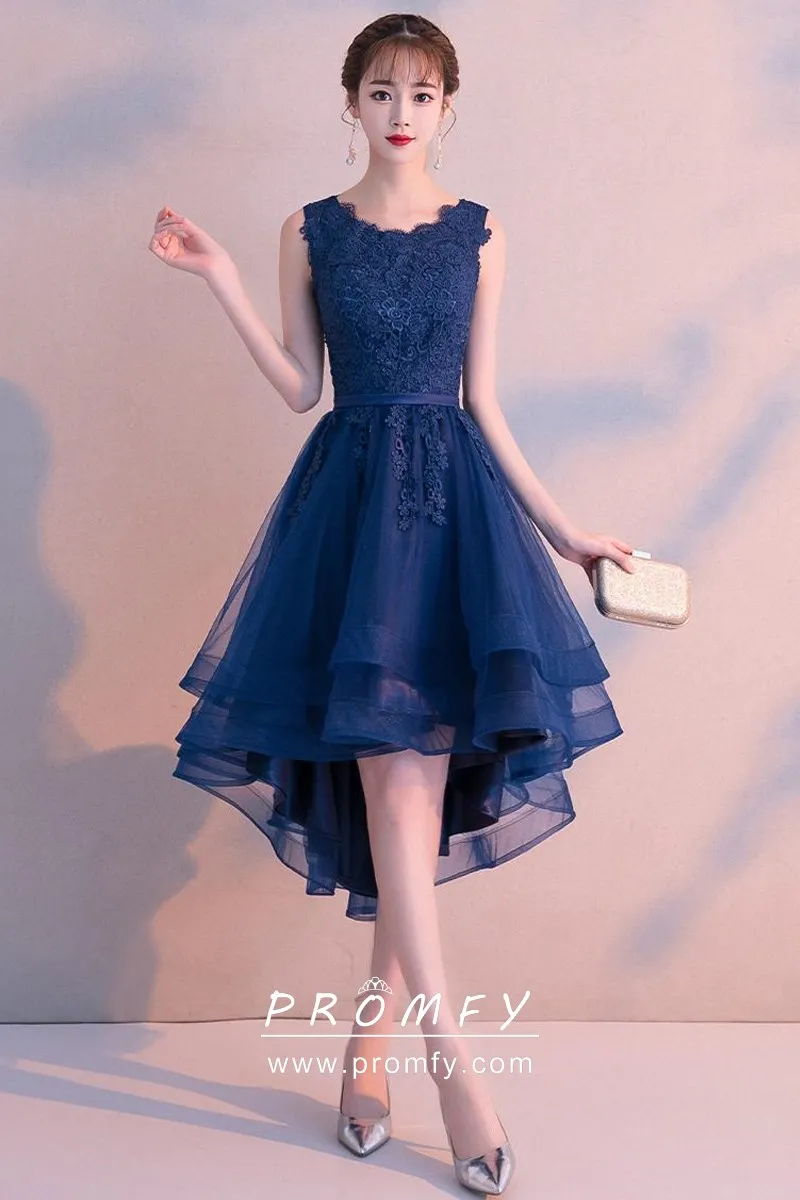 Exquisite Navy Blue Lace Tulle High-low 