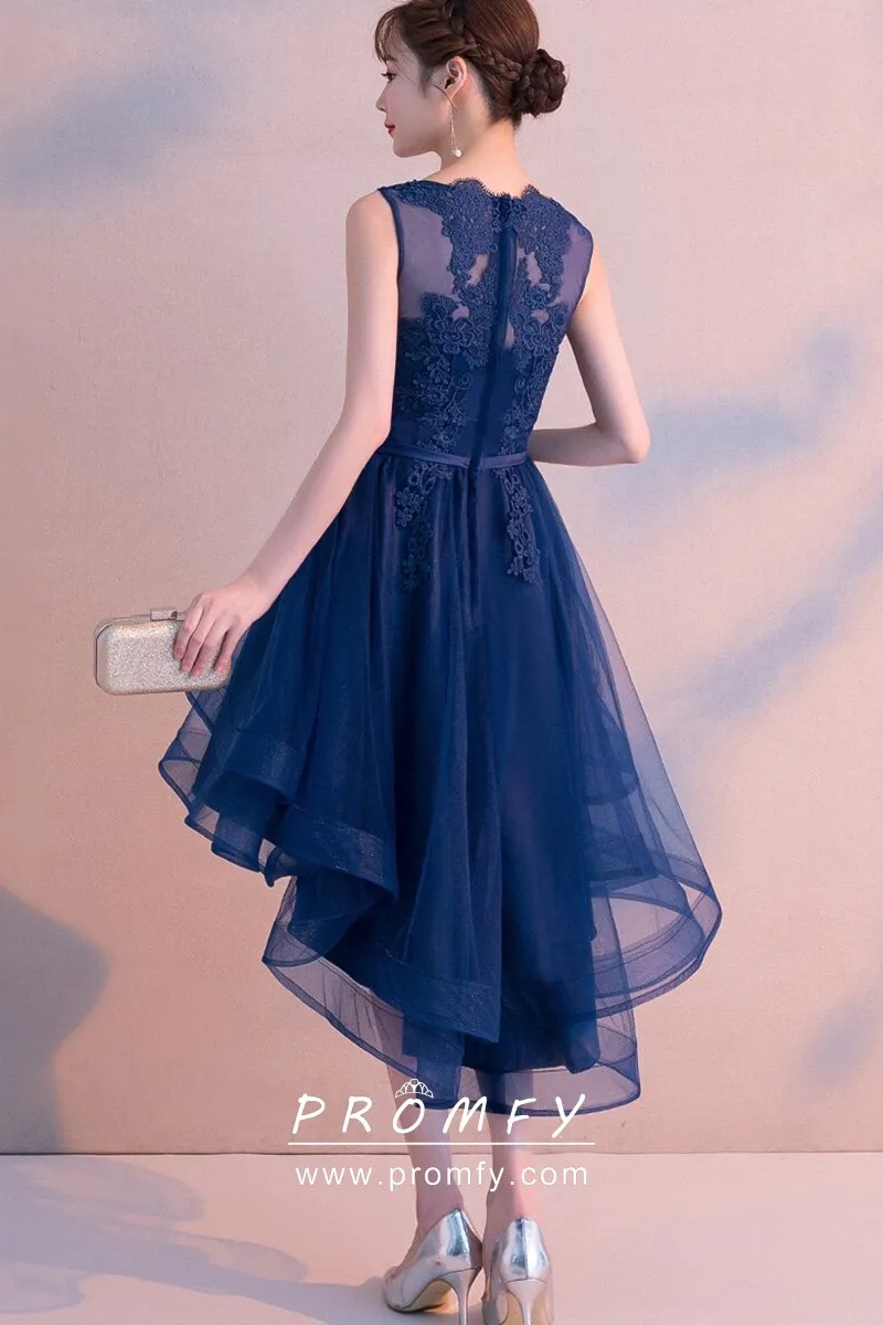 Exquisite Navy Blue Lace Tulle High-low 
