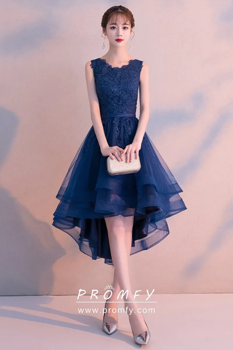 Exquisite Navy Blue Lace Tulle High-low Party Dress - Promfy