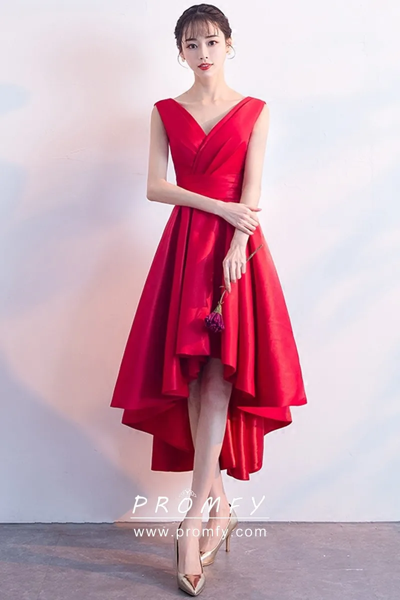 Impeccable Red Satin Cute High-low Cocktail Gown - Promfy