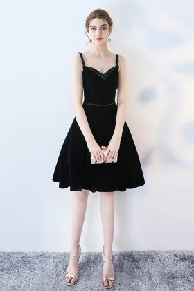 chic beaded V neck thin straps black short dress