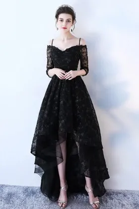 black lace cold shoulder sleeved high low prom gown
