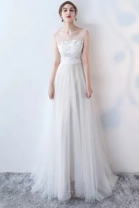 princess ivory lace tulle long A line prom dress