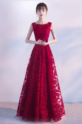 perfect scarlet red lace long A line formal dress