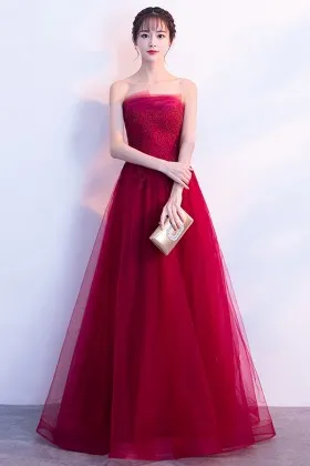 strapless unusual neck red lace tulle formal dress