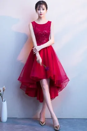 striking red glitter lace tulle high low dress