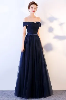 elegant pleated navy tulle off shoulder prom dress
