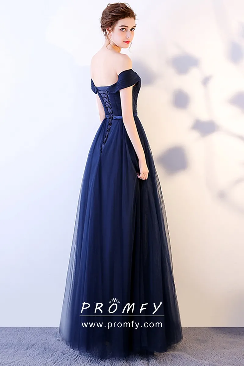 navy tulle prom dress