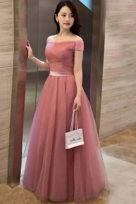 pleated pink tulle a line long wedding guest dress