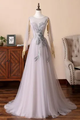 sheer open sleeves grey lace lilac tulle prom dress