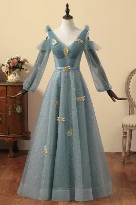 gold leaves and dragonflies appliqued dusty green long sleeve prom dress