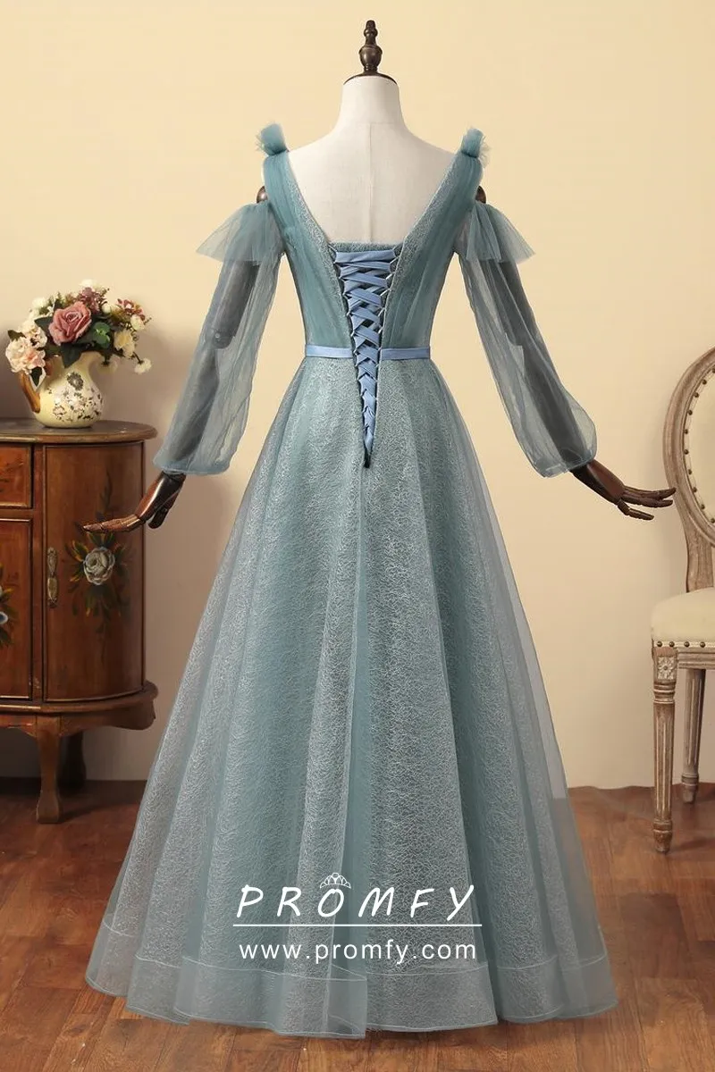 Dusty Green Long Sleeve Prom Dress 