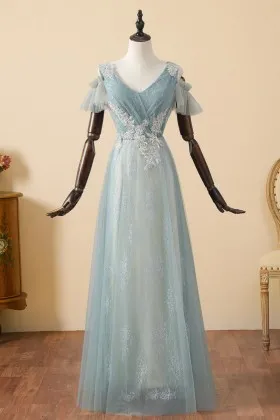 silver lace appliqued dusty green tulle prom dress