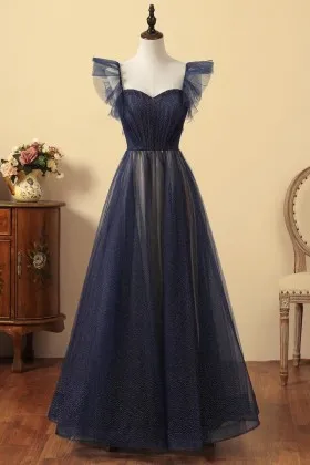 glitter navy tulle flying cap sleeves prom dress