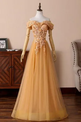orange off shoulder 3D flowers appliqued prom dress