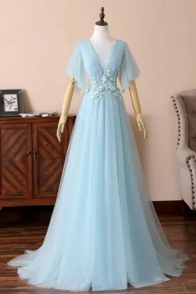 flutter sleeves flowers appliqued baby blue prom dress