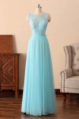 exquisite lace appliqued aqua blue tulle evening dress