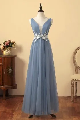 steel blue satin and tulle with flowers evening dress
