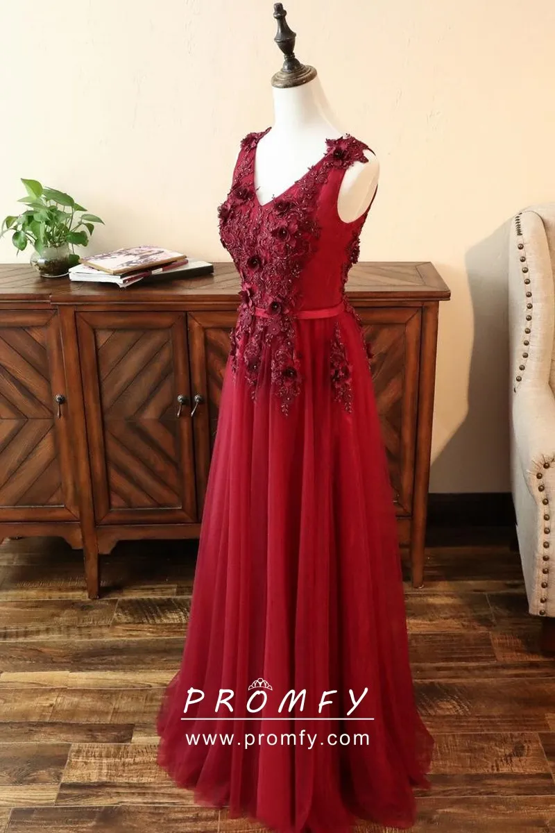 Beaded Flowers Appliqued Crimson Tulle 
