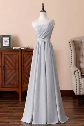 single shoulder silver grey glitter long prom dress