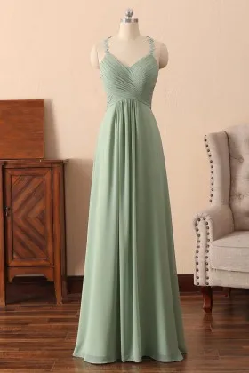 pleated dusty green chiffon with lace straps bridesmaid dress