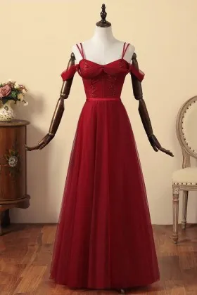 off shoulder spaghetti straps dark red prom dress