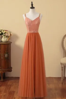 simple orange lace tulle thin straps evening dress