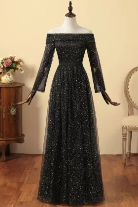 black glitter off shoulder long sleeves prom dress