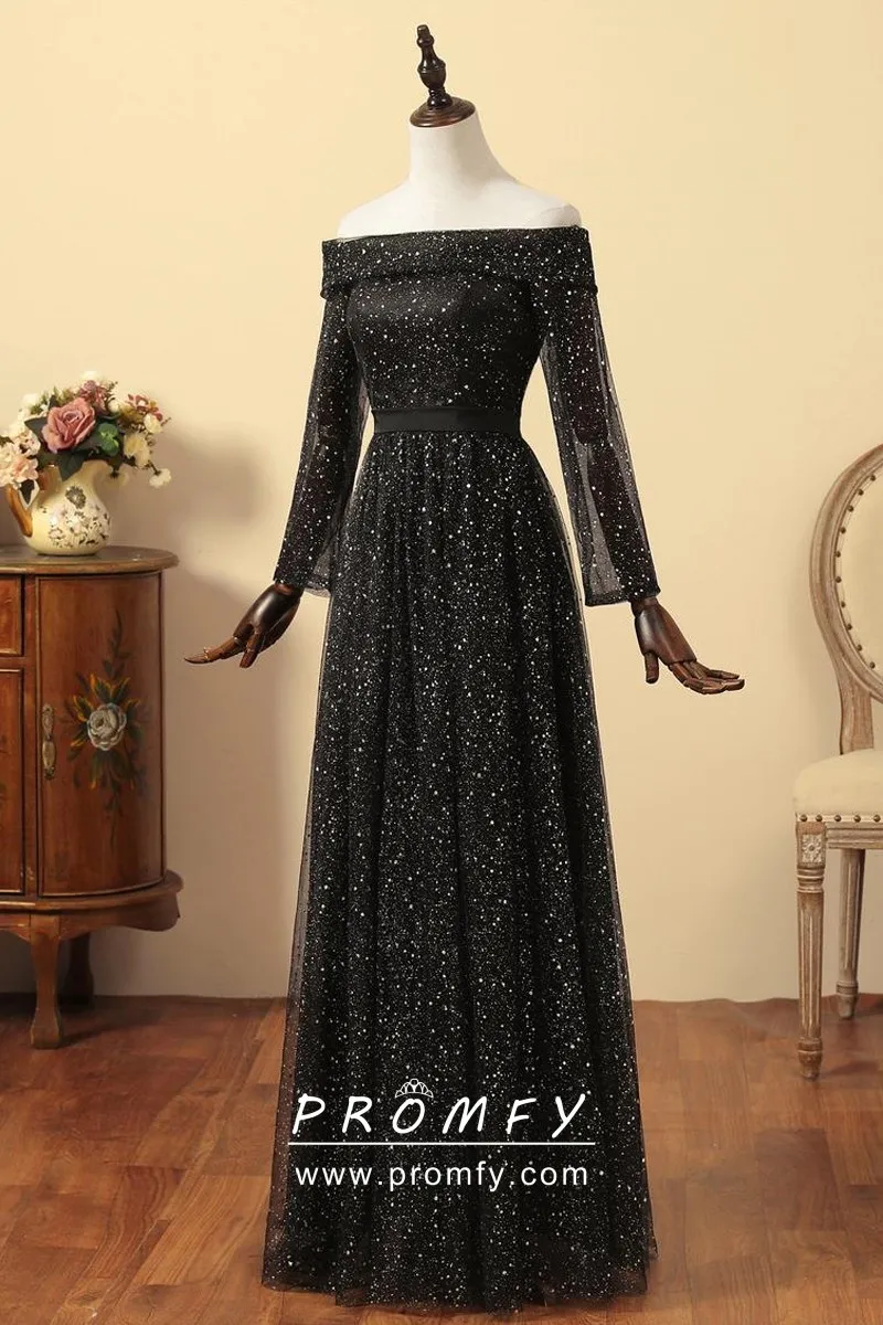 Black Glitter Off-shoulder Long Sleeves Prom Dress - Promfy