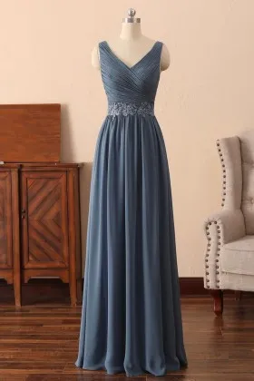 sleeveless pleated steel blue long bridesmaid dress