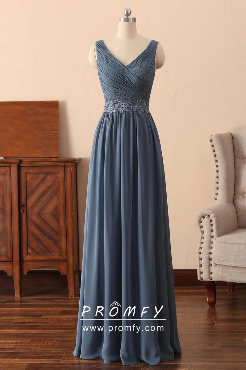 Sleeveless Pleated Steel Blue Long Bridesmaid Dress Promfy