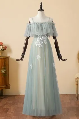 leaf lace appliqued dusty green ruffled prom dress