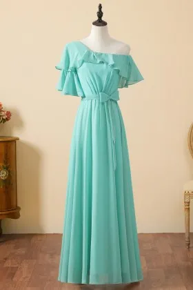 ruffled neck tiffany blue chiffon bridesmaid dress