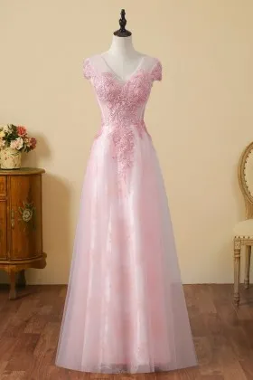 sweet beaded baby pink lace tulle cap sleeves prom dress