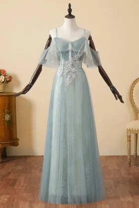dusty green tulle with beaded lace long prom dress