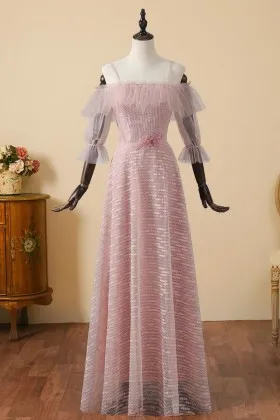 adorable sheer 34 sleeves ruffled pink prom dress