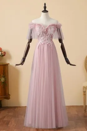 beaded lace pink ruffled off shoulder prom dress